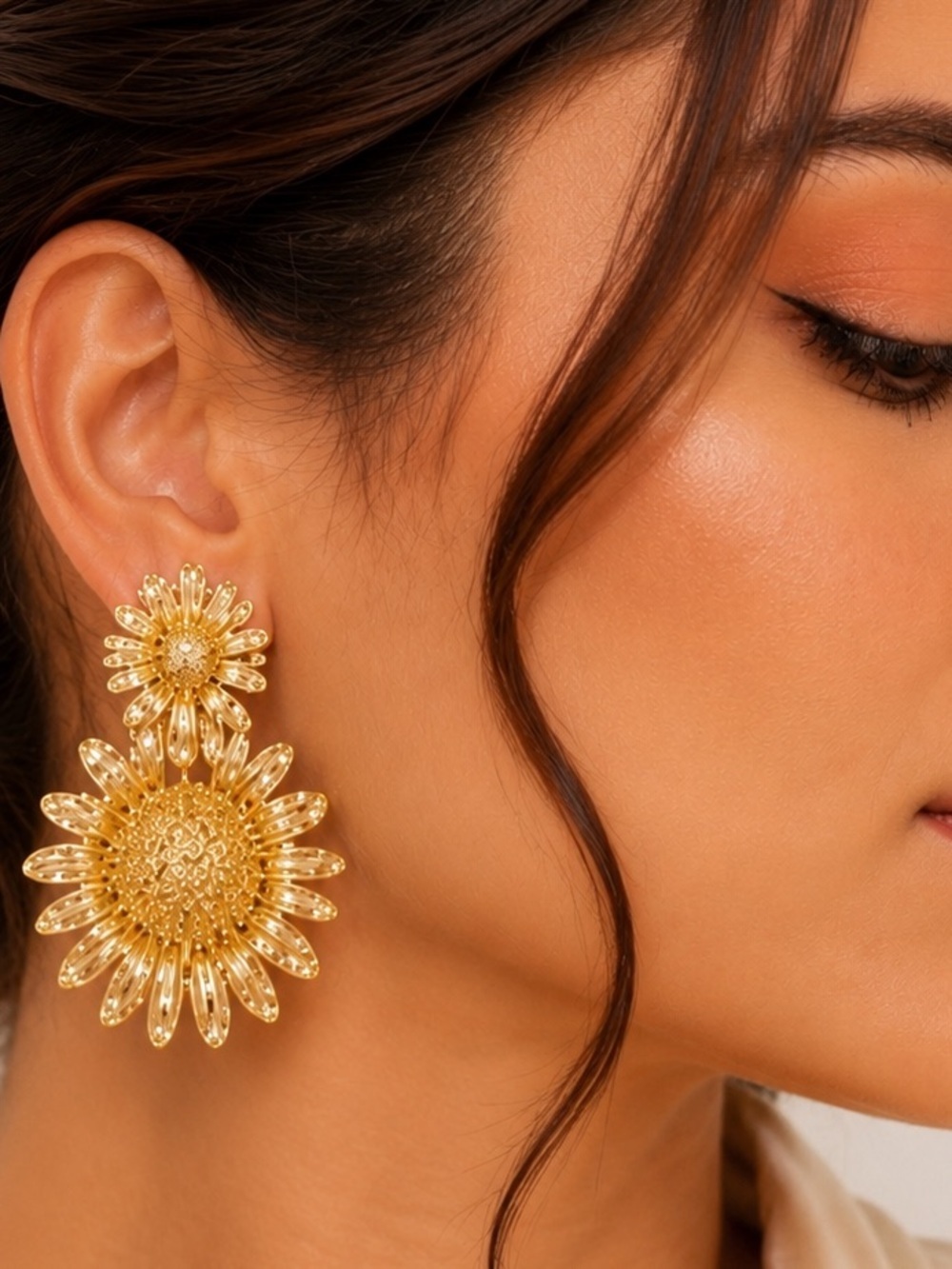 Gold Double Daisy Statement Earrings | Floral Sunflower Drop Earrings